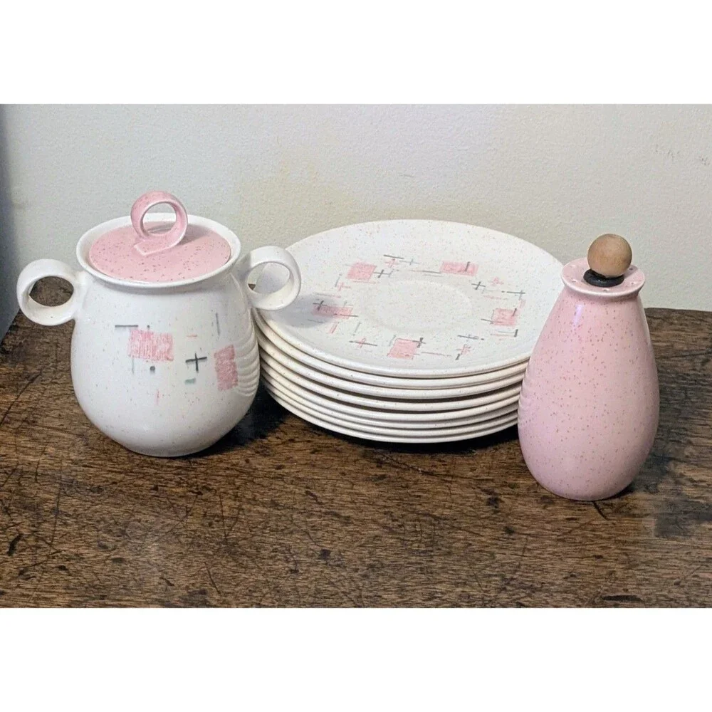 Vintage Vernon Ware Tickled Pink 9-Piece Lot - Mid-Century Modern Atomic Pink
